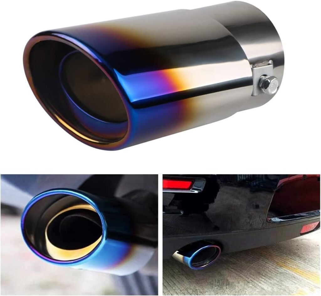 Stainless Steel Car Exhaust Tip, 2.5 to 3.3 Universal Car Exhaust Pipe Modification Tail Throat Tail Pipe, Steel Exhaust Tips Chrome-Plated Finish Tailpipe (Blue/A Style)