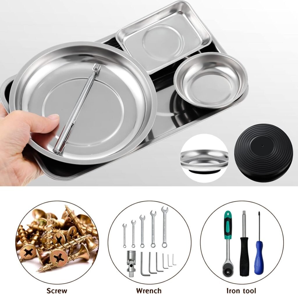 4 Pieces Magnetic Tool Tray with Magnetic Pickup Tool, Magnetic Parts Tray Holder Round Magnetic Tray Stainless Steel Magnetic Holder for Parts Socket Screw Nut Bolt Metal Tool