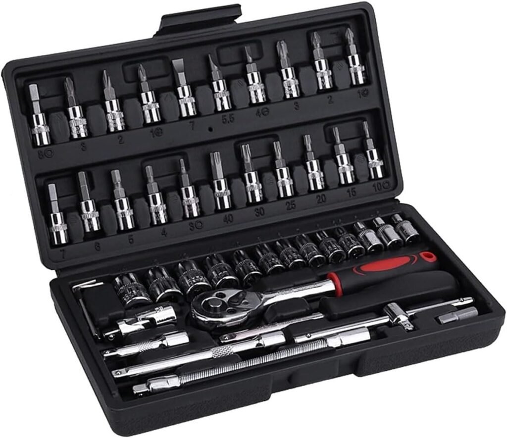 46Pcs Socket Set 1/4 Drive Socket Ratchet Wrench with Metric Drive Socket Set and Extension, Socket Wrench Tools Car Repair Tool Set for Auto Repairing  Household with Storage Case (Color : Black)
