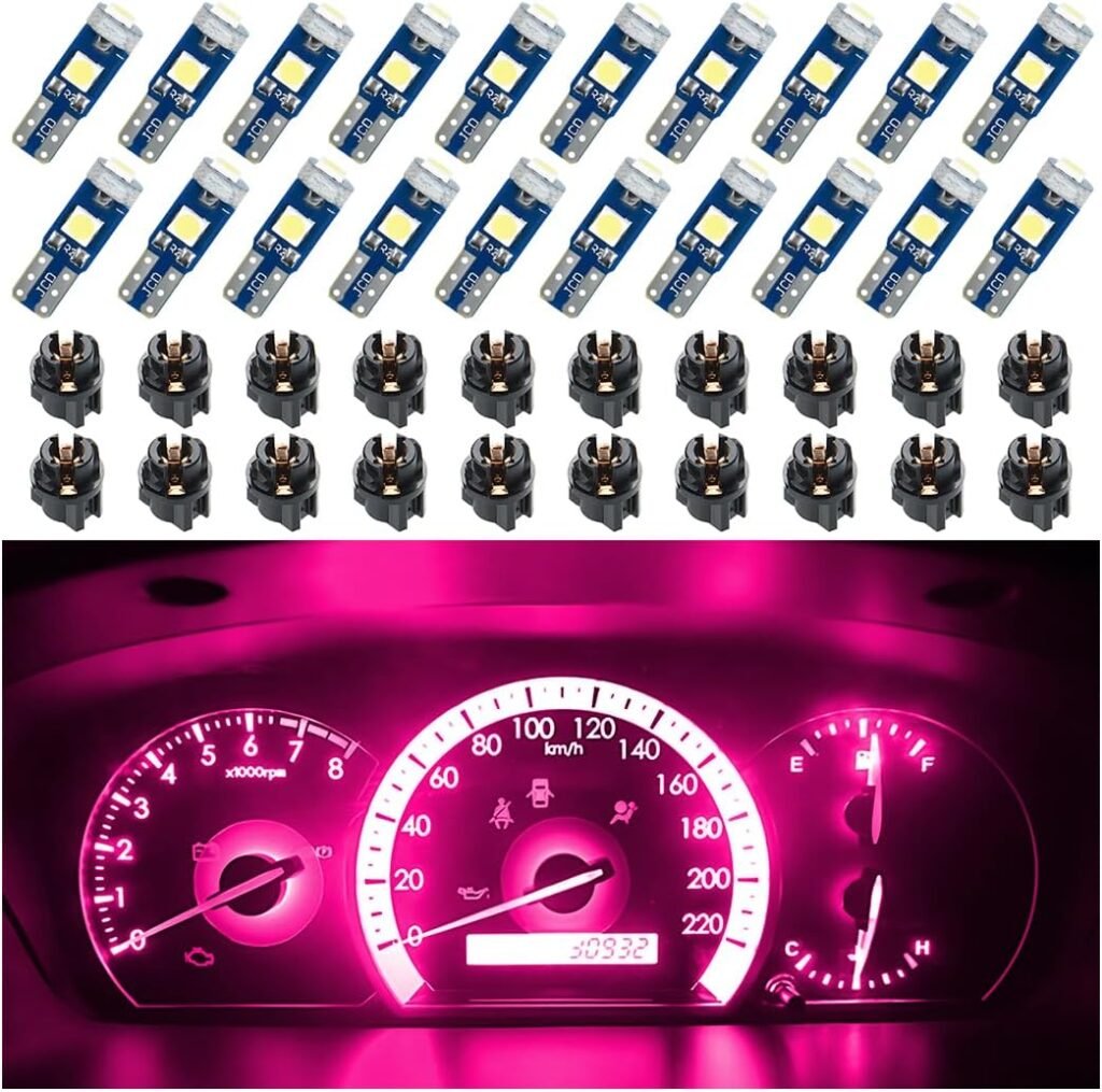 BELOMI 20 Pcs T5 LED Lights for Car Dashboard, High Light Bulb 3030-3SMD Replacement with Twist Lock Socket, Super Bright Light for Instrument Cluster Dashboard Panel Gauge Indicator (Purple)