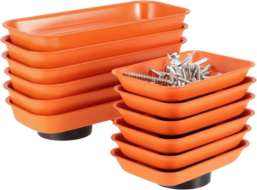 JEUIHAU 12 Packs Magnetic Tray, Stainless Steel Magnetic Parts Tray, Orange Magnetic Tool Tray for Collecting Wrenches, Screws, Bolts, Nuts, Small Parts, 3.6 x 2.4/5.9 x 2.5 Inches