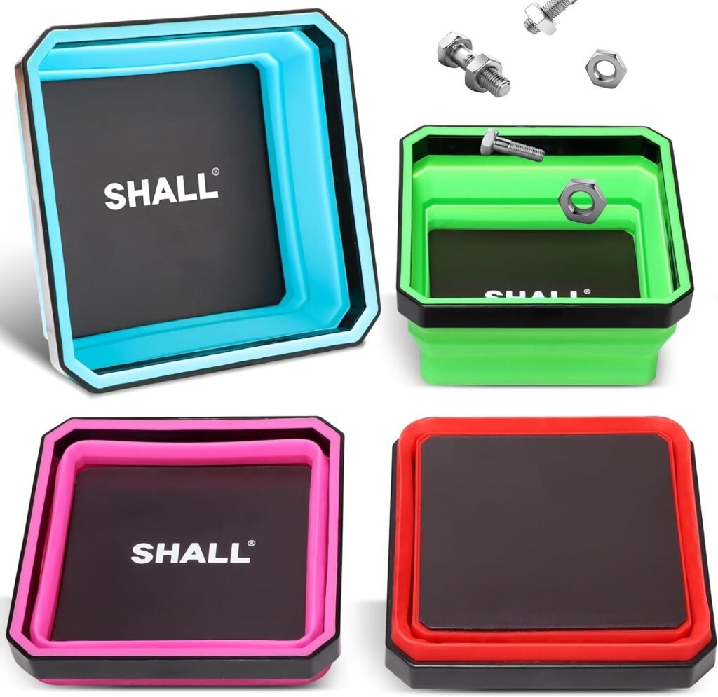 SHALL New Version Collapsible Magnetic Parts Tray Set, 4-Pack Magnetic Tool Trays for Screw Bolts Nuts Washers Pins  Small Metal Parts, 4.5” Square Silicone Foldable Bowls w/Dual-Sided Magnetic Base