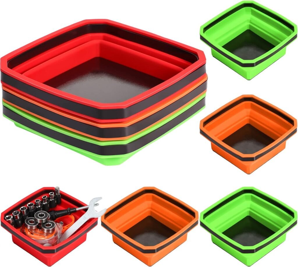 6 Pack Magnetic Foldable Tray Collapsible Silicone Tool Tray Square Magnetic Parts Tray for Organizing Screw Bolts Nuts Washers Pins and Other Small Metal Parts, Red Yellow and Green