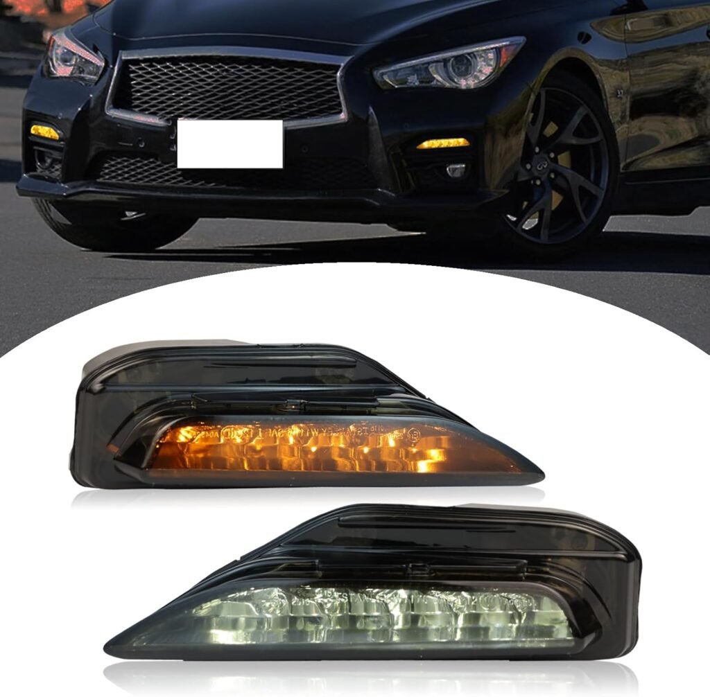 Smoked Housing LED Front Bumper Fog Lamp Daytime Running Light Turn Signal Feature Compatible with Infiniti Q50 2014-2023 Q70 2014-2019 White/Amber Light Accessories